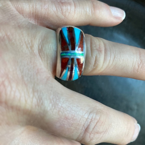 Turquoise Coral Opal Inlayed Sterling Silver Band Ring size 9 - Picture 6 of 6